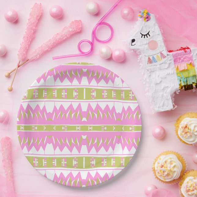 Prato De Papel Mazipoodles Afrofuturista Padrão Rosa Verde-Branco (Festa)