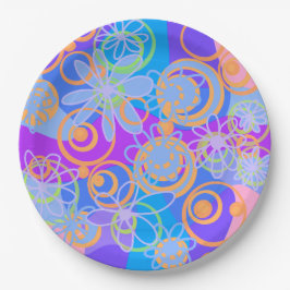 Prato De Papel Mazipoodles Bolhas Florais Azul-Laranja Múltiplo