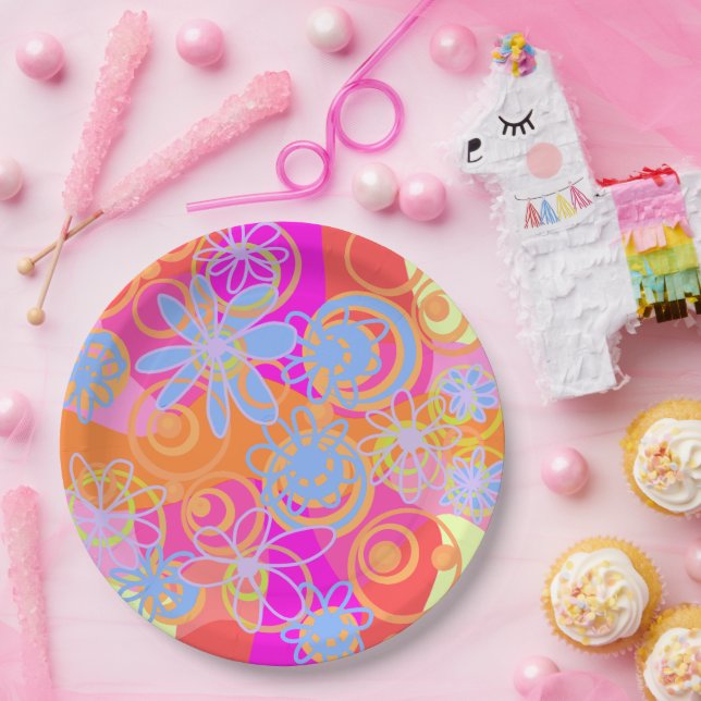 Prato De Papel Mazipoodles Bolhas Florais Azul Laranja Multirosa (Festa)