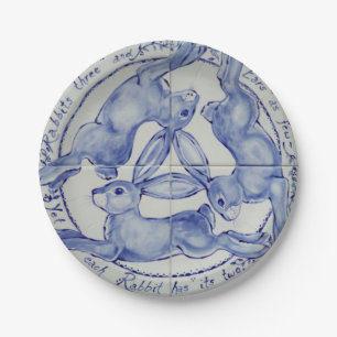 Prato De Papel Medalhão Azul e Branco do Coelho de Três Hares