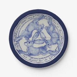 Prato De Papel Medalhão de Azulejo Branco Azul de Três Coelhos