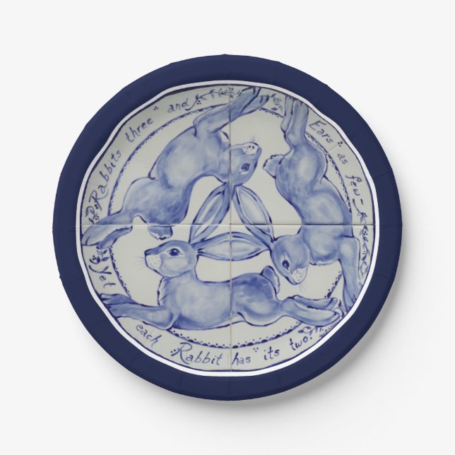 Prato De Papel Medalhão de Azulejo Branco Azul de Três Coelhos (Frente)