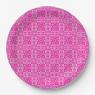 Prato De Papel Medieval Damask Fleur-de-lis, magenta e branco