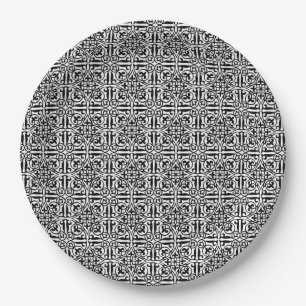 Prato De Papel Medieval Damask Fleur-de-lis, preto e branco