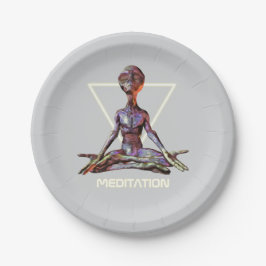 Prato De Papel Meditação. Alienígena em pose tranquila