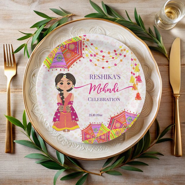 Prato De Papel Mehndi, lindos guarda-chuvas de noiva indiana (Mehndi cute Indian bride umbrellas personalized Paper Plates Indian wedding mehndi table decor)