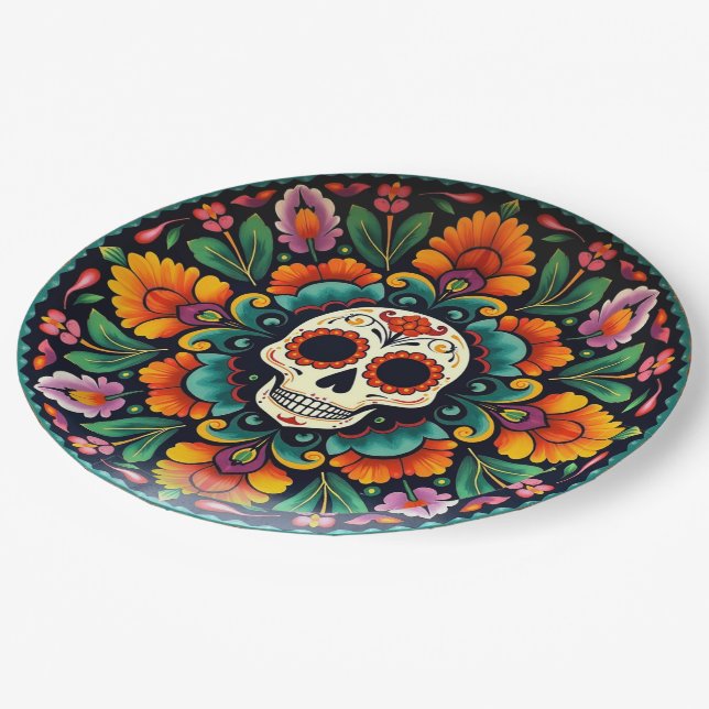 Prato De Papel 💀 🎉 meia-noite Marigoldware Día de los Muertos (Inclinado)