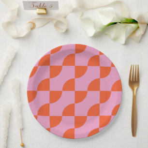 Prato De Papel Meio Século Abstrato Laranja Semi Círculos em Rosa