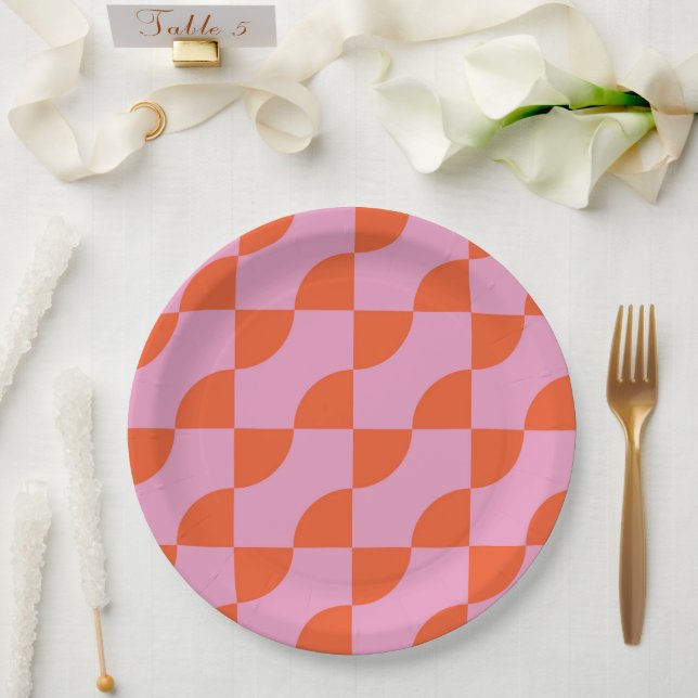 Prato De Papel Meio Século Abstrato Laranja Semi Círculos em Rosa (Casamento)