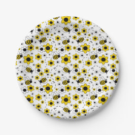 Prato De Papel Mel Bumble Bee Amarelo Floral Branco