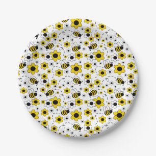 Prato De Papel Mel Bumble Bee Amarelo Floral Branco