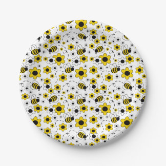 Prato De Papel Mel Bumble Bee Amarelo Floral Branco