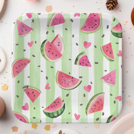 Prato De Papel Melancia de Verão rosa fruta de aquarela
