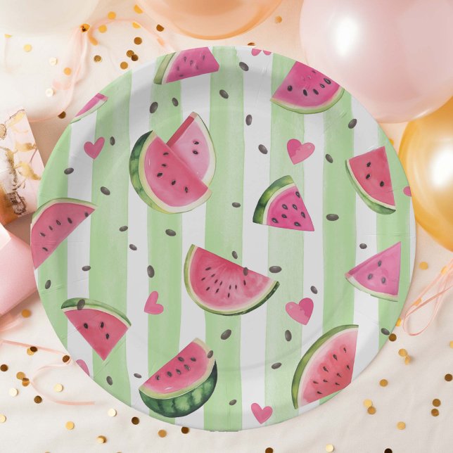 Prato De Papel Melancia rosa, de Verão, branca, Fruta adorável (Summer Birthday Pink Watercolor Watermelon, Girl Party Paper Plates.)