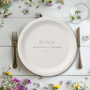 Prato De Papel MELHOR DIA DE TODOS! Casamento Minimalista Bege Mo