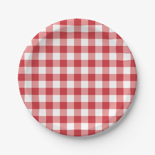 Prato De Papel Mellow Classic Gingham - red white check plaid. (Frente)