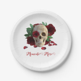 Prato De Papel Memento Mori. Caveira com rosas vermelhas