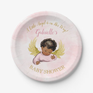 Prato De Papel Menina Anjo Bebê Rosa Dourado Afro-Americana