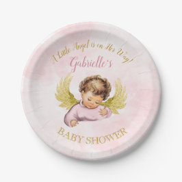Prato De Papel Menina Anjo Bebê Rosa Ouro Pequeno Anjo a Caminho