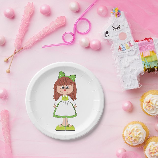 Prato De Papel Menina Boneca de Trapo Vestido Verde Bolinhas (Criador carregado)