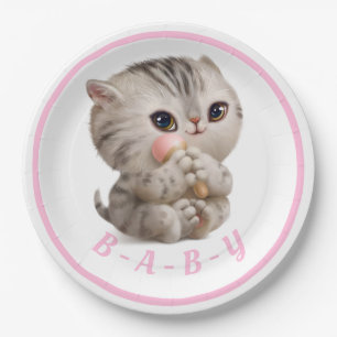Prato De Papel Menina Bonita Gatinha Típica Cor-de-Rosa Desenhada