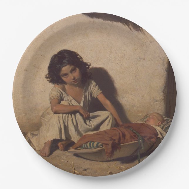 Prato De Papel Menina com bebê (Pobre Criança da Rua) (Frente)