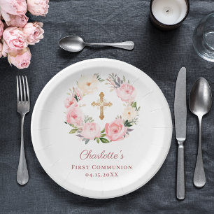 Prato De Papel Menina com coroa floral rosa Primeira Comunhão