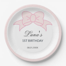 Prato De Papel Menina com Laço Rosa Aniversário de 1 ano 