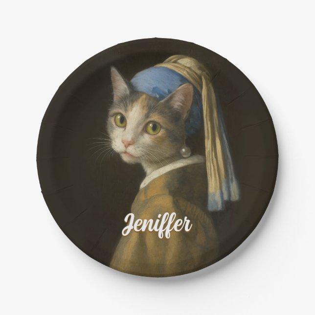 Prato De Papel Menina com um Gato Brinco de Pérola                (Frente)