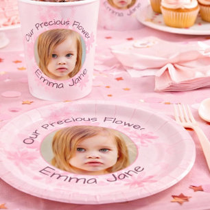 Prato De Papel Menina de 3 Anos com Foto Floral Rosa Minimalista