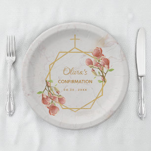 Prato De Papel Menina de Confirmação Rosa Magnólia Geométrico