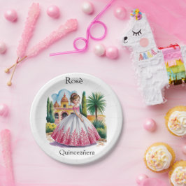 Prato De Papel Menina de Quinceañera, rosa e branca