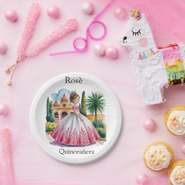 Prato De Papel Menina de Quinceañera, rosa e branca (Festa)