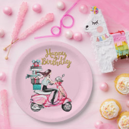 Prato De Papel Menina de scooter carregando presentes