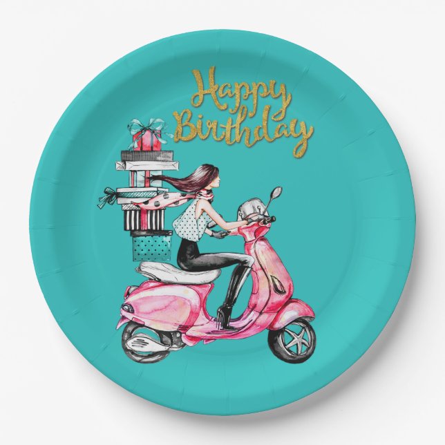 Prato De Papel Menina de scooter carregando presentes (Frente)