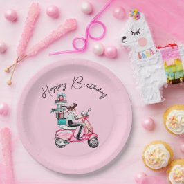 Prato De Papel Menina de scooter Feliz aniversário