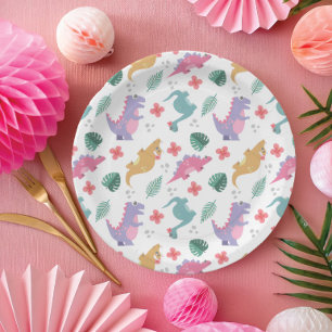 Prato De Papel Menina Dinossauro Pastel Fofo