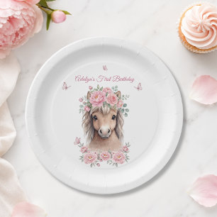 Prato De Papel Menina Fofa Cavalinho Floral Rosa Aniversário de U