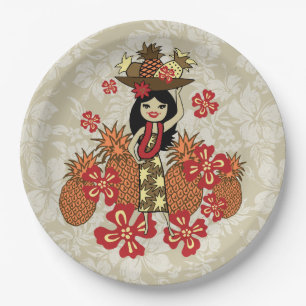 Prato De Papel Menina havaiana de Luau Hula do abacaxi