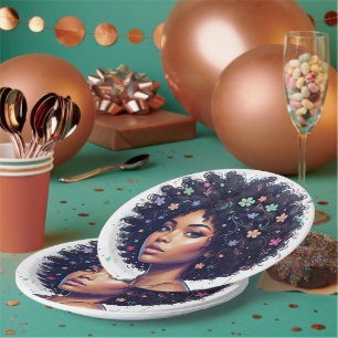 Prato De Papel Menina Negra Adorável Com Afro Coroa Floral