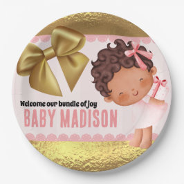 Prato De Papel Menina rosa e Dourada Convocação para Babyshower