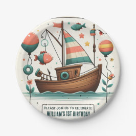 Prato De Papel menino bonitinho de bote alegre Peixe de um primei