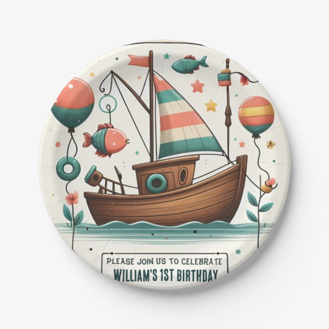 Prato De Papel menino bonitinho de bote alegre Peixe de um primei (Frente)