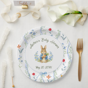 Prato De Papel Menino Coelhinho Fofo com Laço Azul Floral para Ch