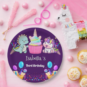 Prato De Papel Menino do Dinossauro Cinto-Arco-Íris Um Criança-Ba