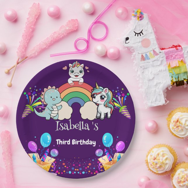 Prato De Papel Menino do Dinossauro Cinto-Arco-Íris Um Criança-Ba (Festa)