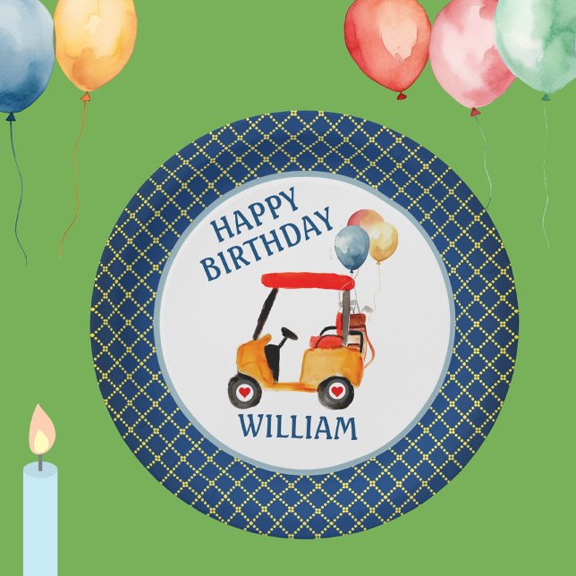 Prato De Papel Menino Golfe Tema Azul Amarelo Vermelho Personaliz (Criador carregado)