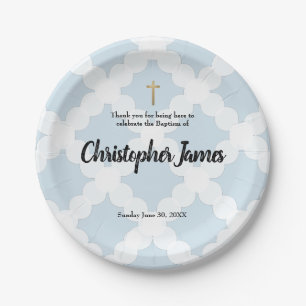 Prato De Papel Menino personalizado azul Batismo e cruz dourada
