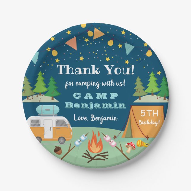 Prato De Papel Meninos acampando Festa de Aniversário (Frente)