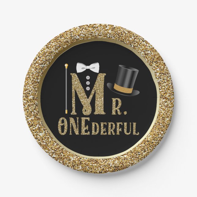 Prato De Papel Meninos Sr. ONEMaravilhoso Primeiro Aniversário Pl (Frente)